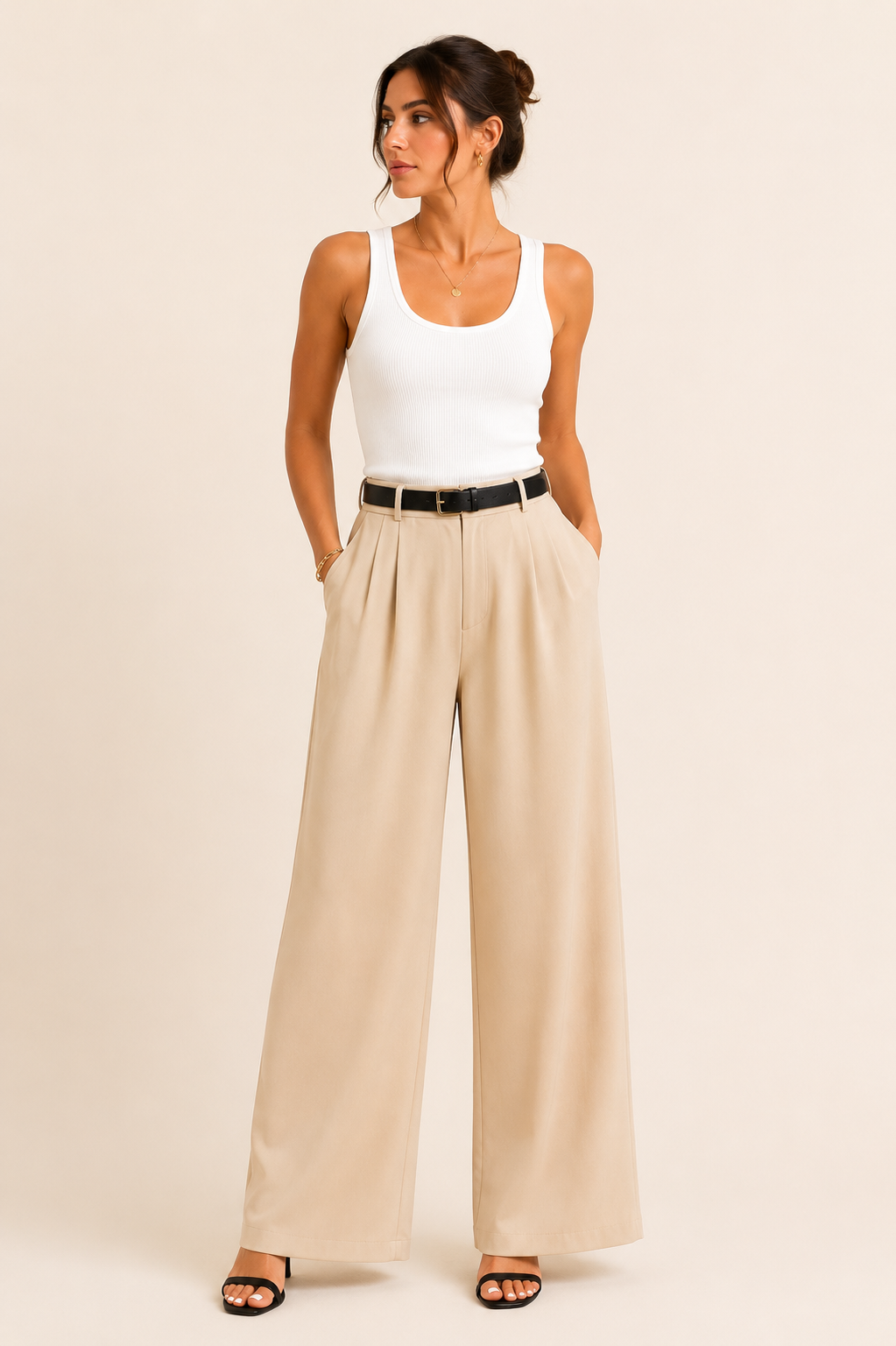 Pantalon Large Fluide avec Ceinture
