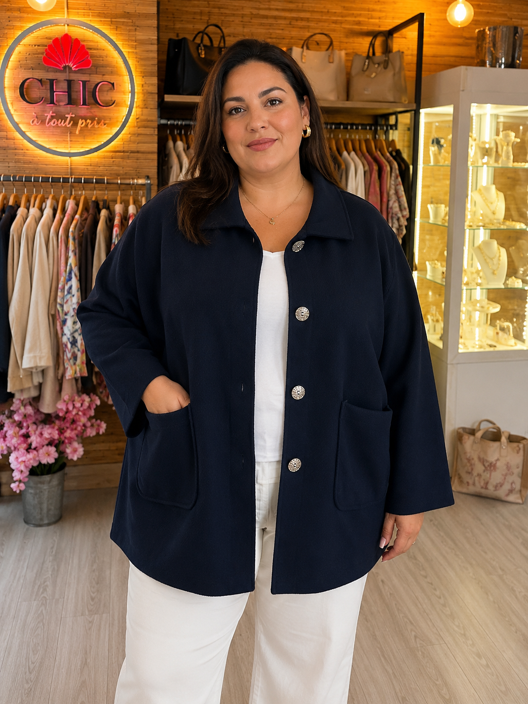Veste femme grande taille bleu marine, taille unique 40-48, portée avec un haut blanc dans la boutique CHIC à tout prix