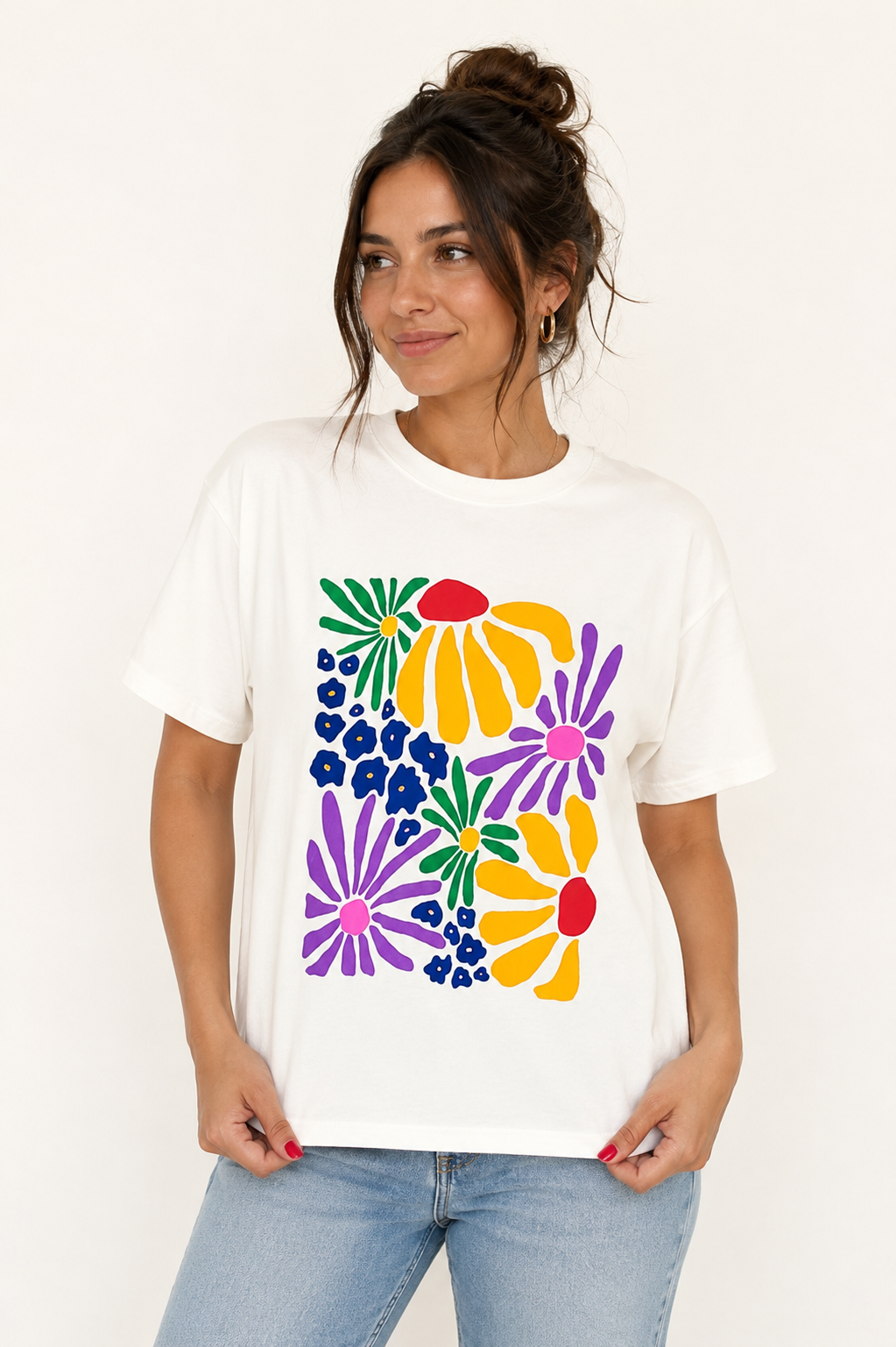 T-shirt en coton imprimé fleuri multicolore – Col rond – Taille unique
