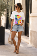 T-shirt en coton imprimé fleuri multicolore – Col rond – Taille unique