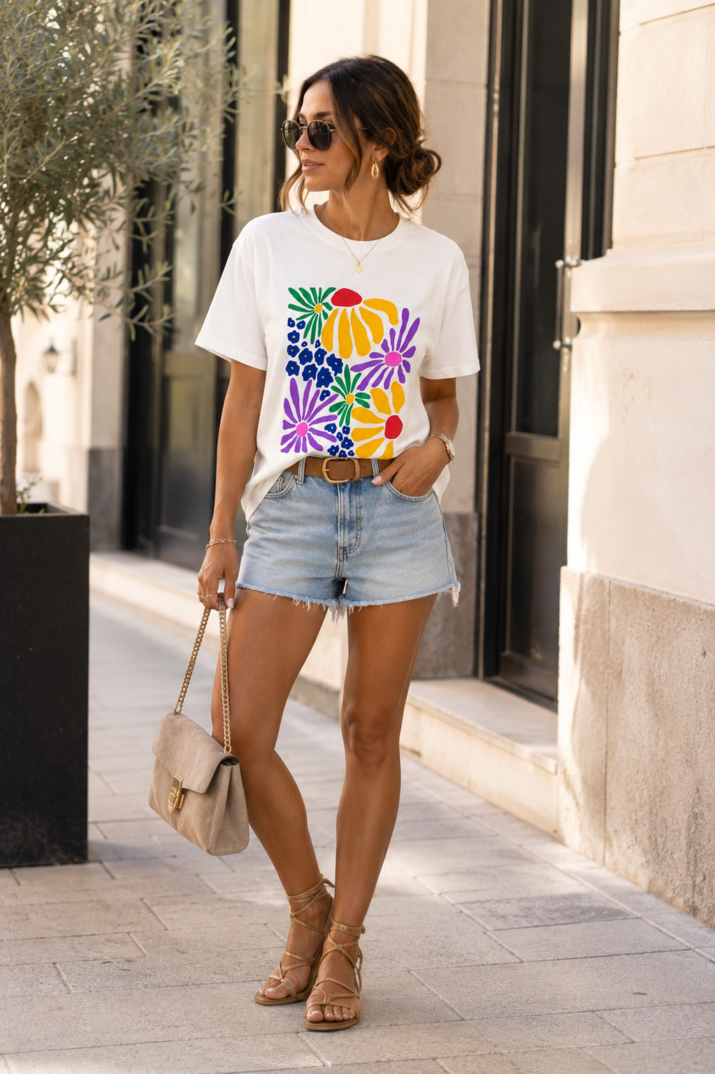 T-shirt en coton imprimé fleuri multicolore – Col rond – Taille unique