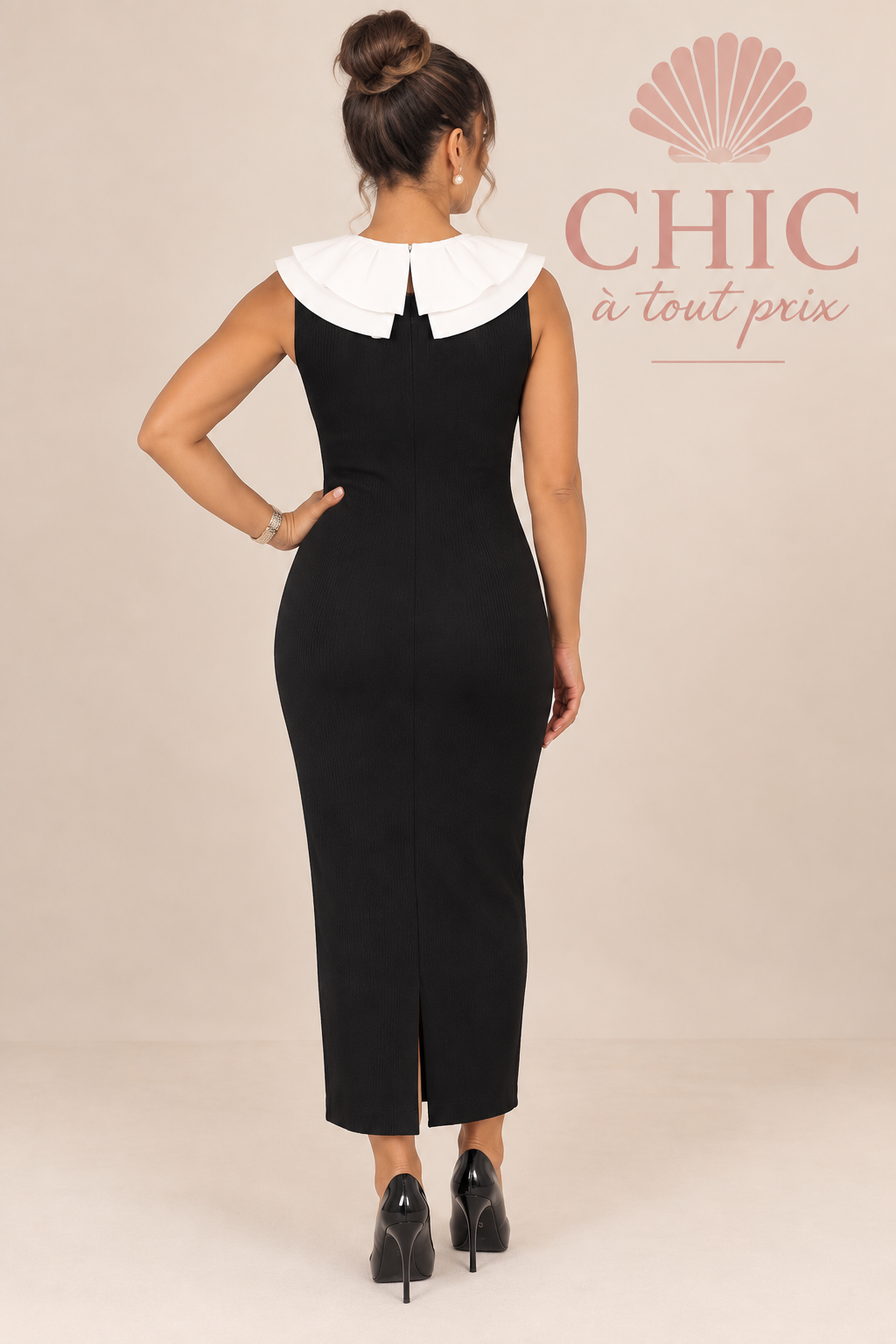 Robe noire femme à col Claudine blanc et boutons effet perlé – vue de dos