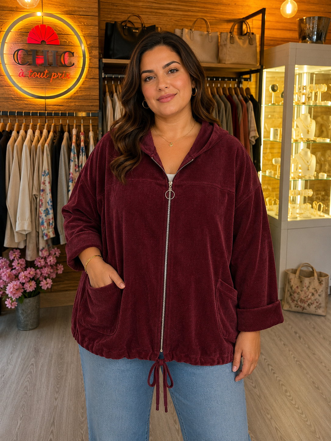Veste à capuche en coton effet velours