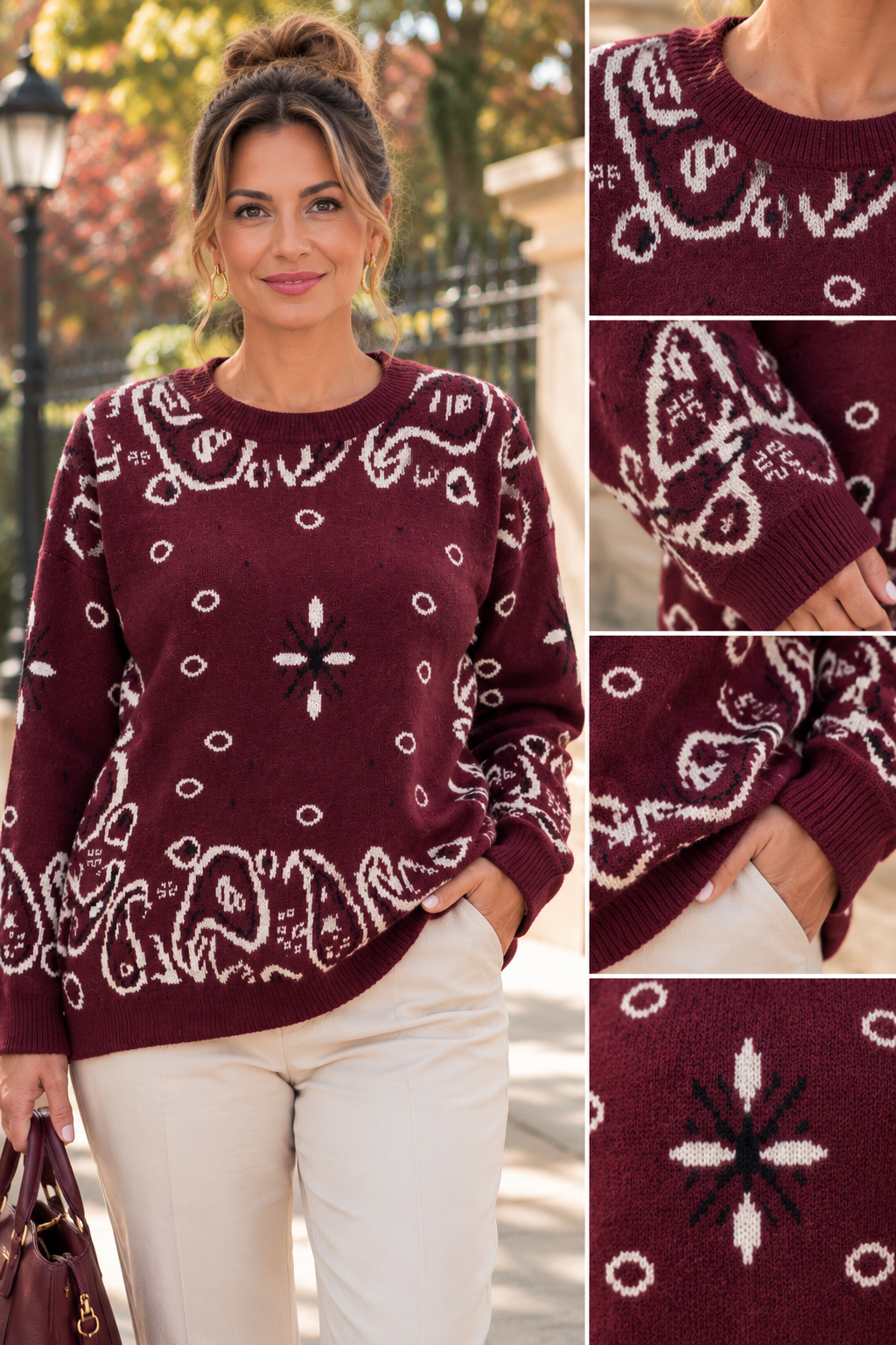 Pull femme graphique en maille – Bordeaux & Bleu marine