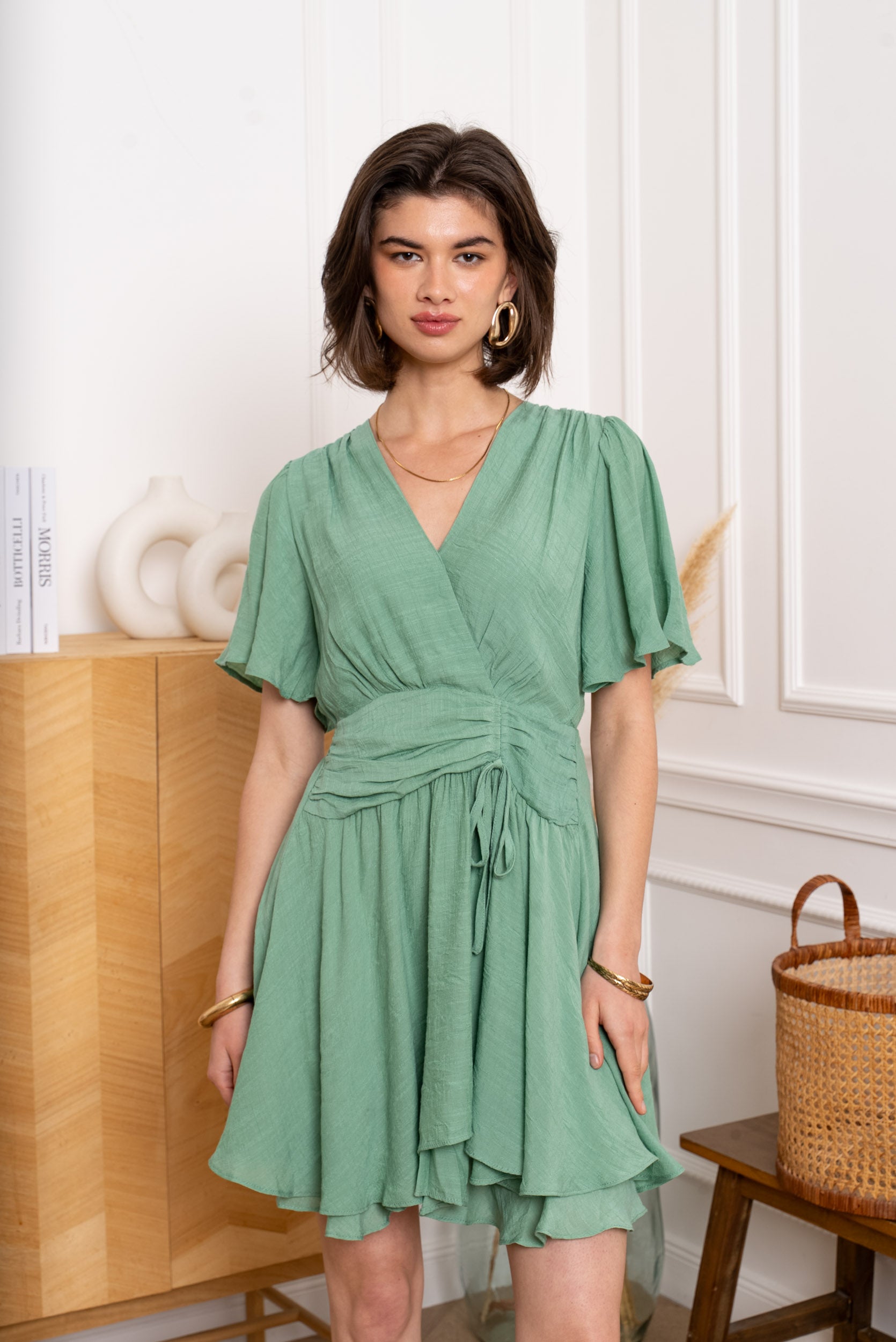 Robe courte cache-cœur fluide – Rose ou Vert d’eau