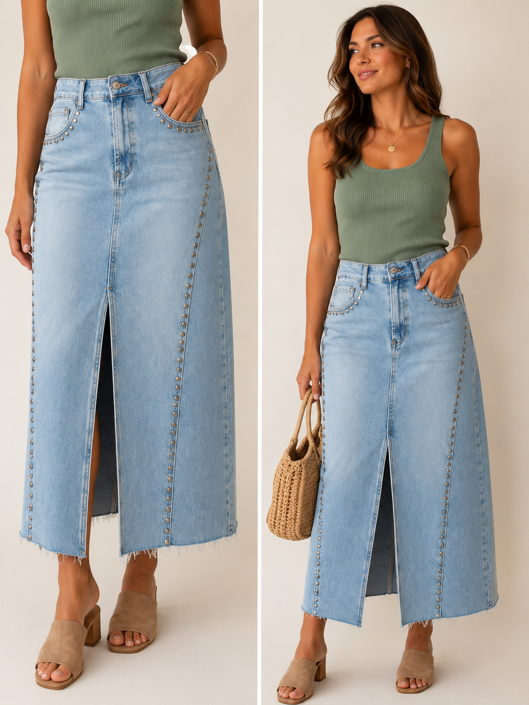 Jupe longue en jean bleu clair avec fente avant et détails en clous métalliques portée par un mannequin.