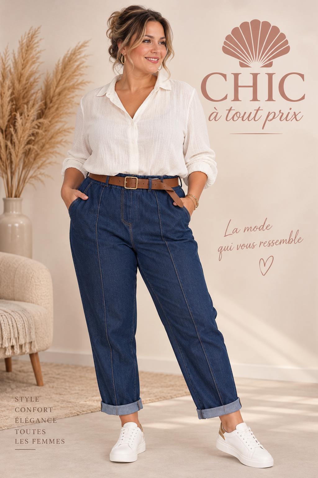 Pantalon en jean coton coupe ballon avec ceinture