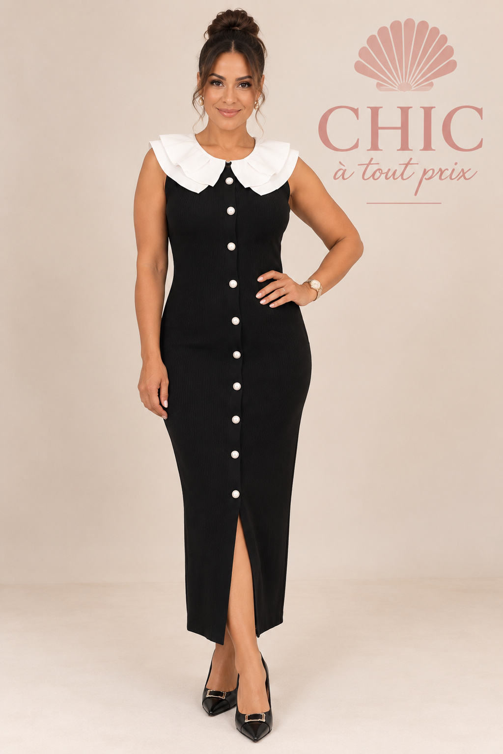 Robe noire à col Claudine blanc – détail de la coupe et des boutons