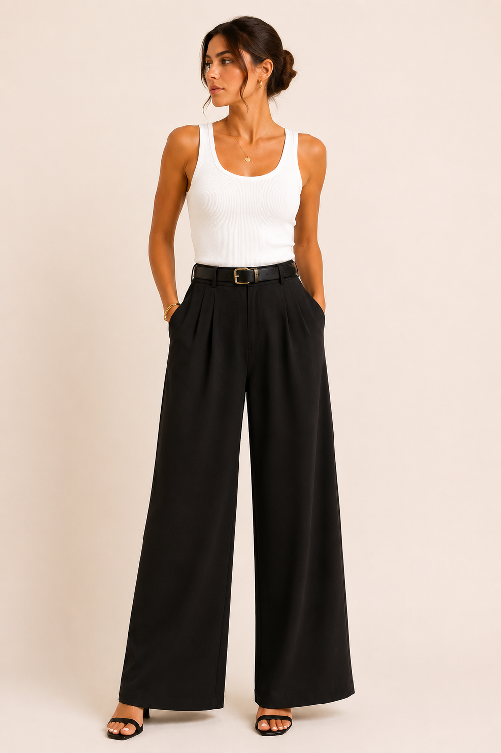 Pantalon Large Fluide avec Ceinture