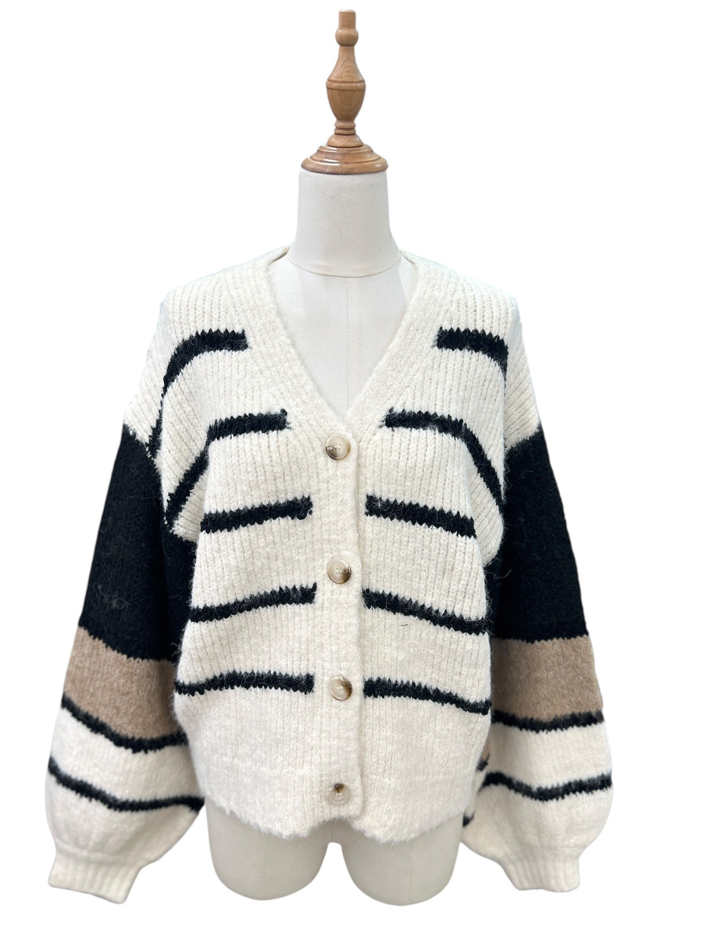 Gilet Maille Écru à Rayures Noir & Camel