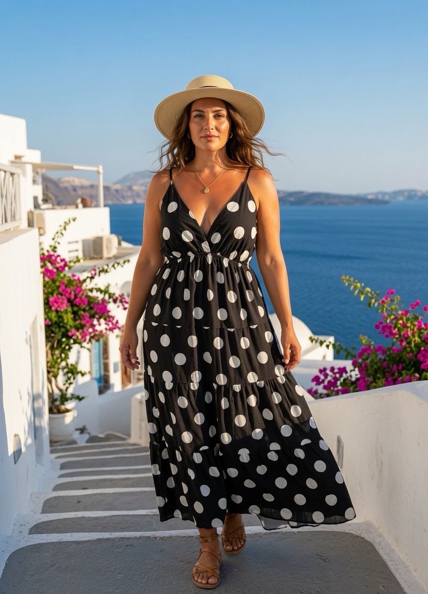 Robe longue à pois – Décolleté V & poitrine rembourrée