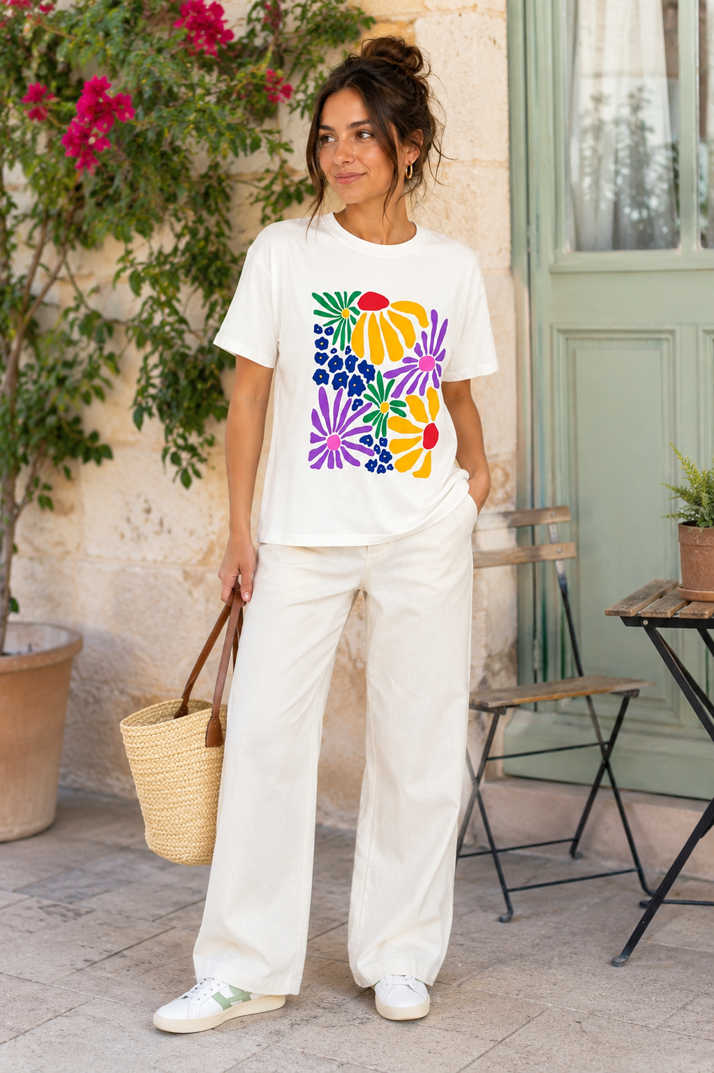 T-shirt en coton imprimé fleuri multicolore – Col rond – Taille unique