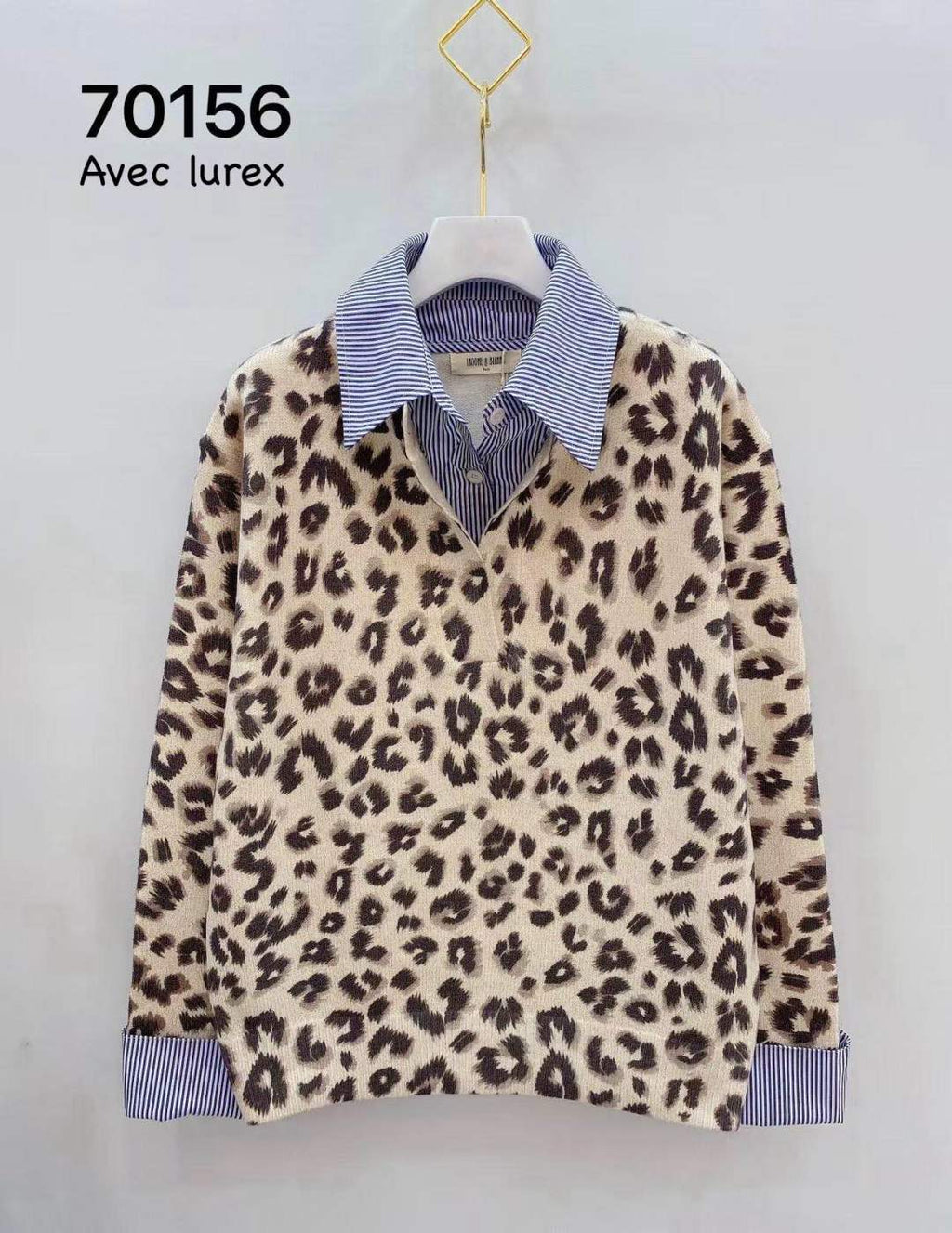 Pull Léopard à Détails Rayés Bleu & Blanc