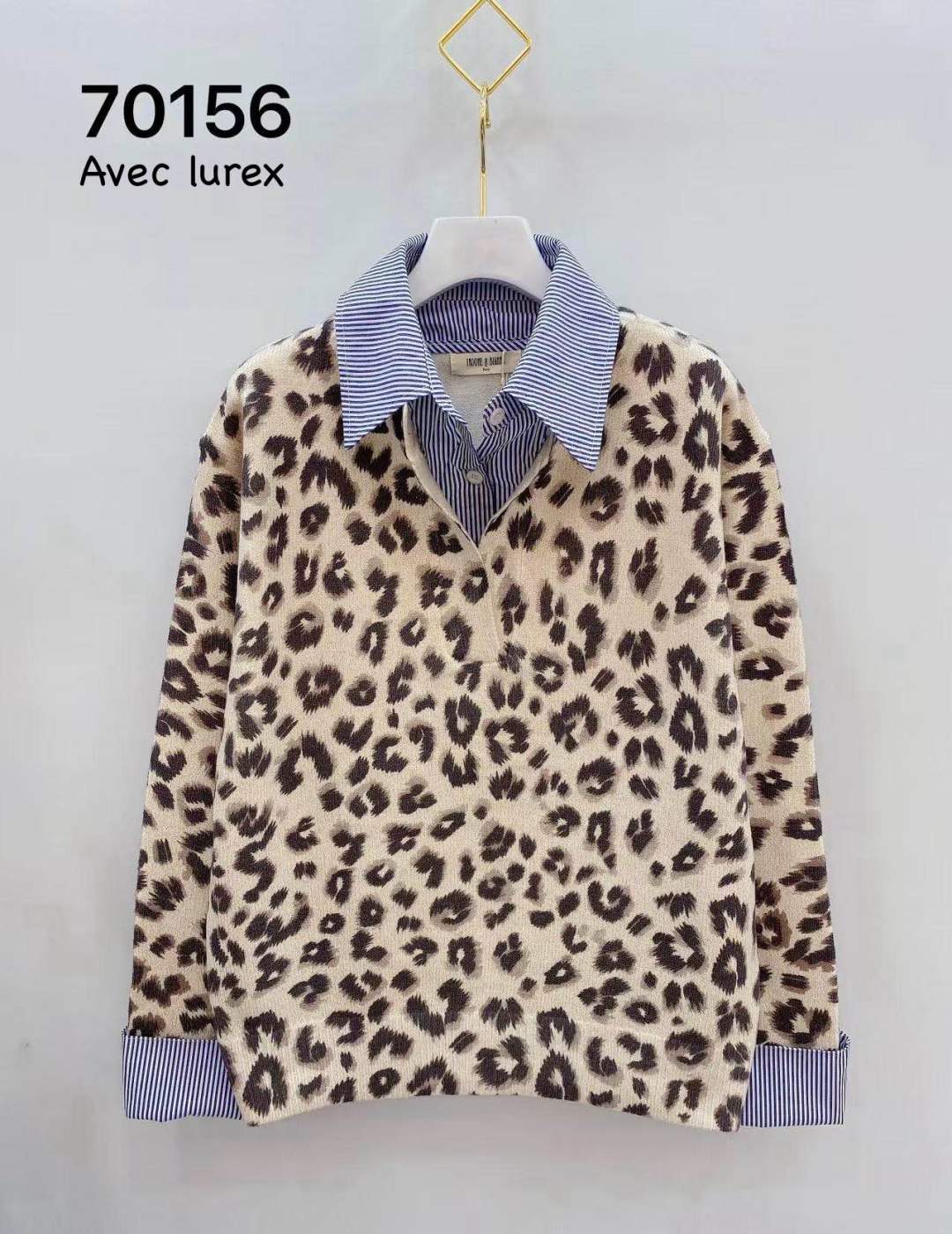 Pull Léopard à Détails Rayés Bleu & Blanc