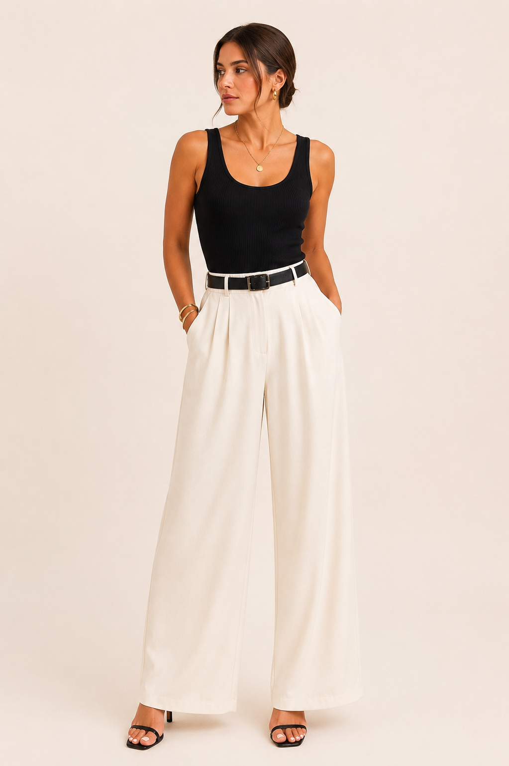 Pantalon Large Fluide avec Ceinture