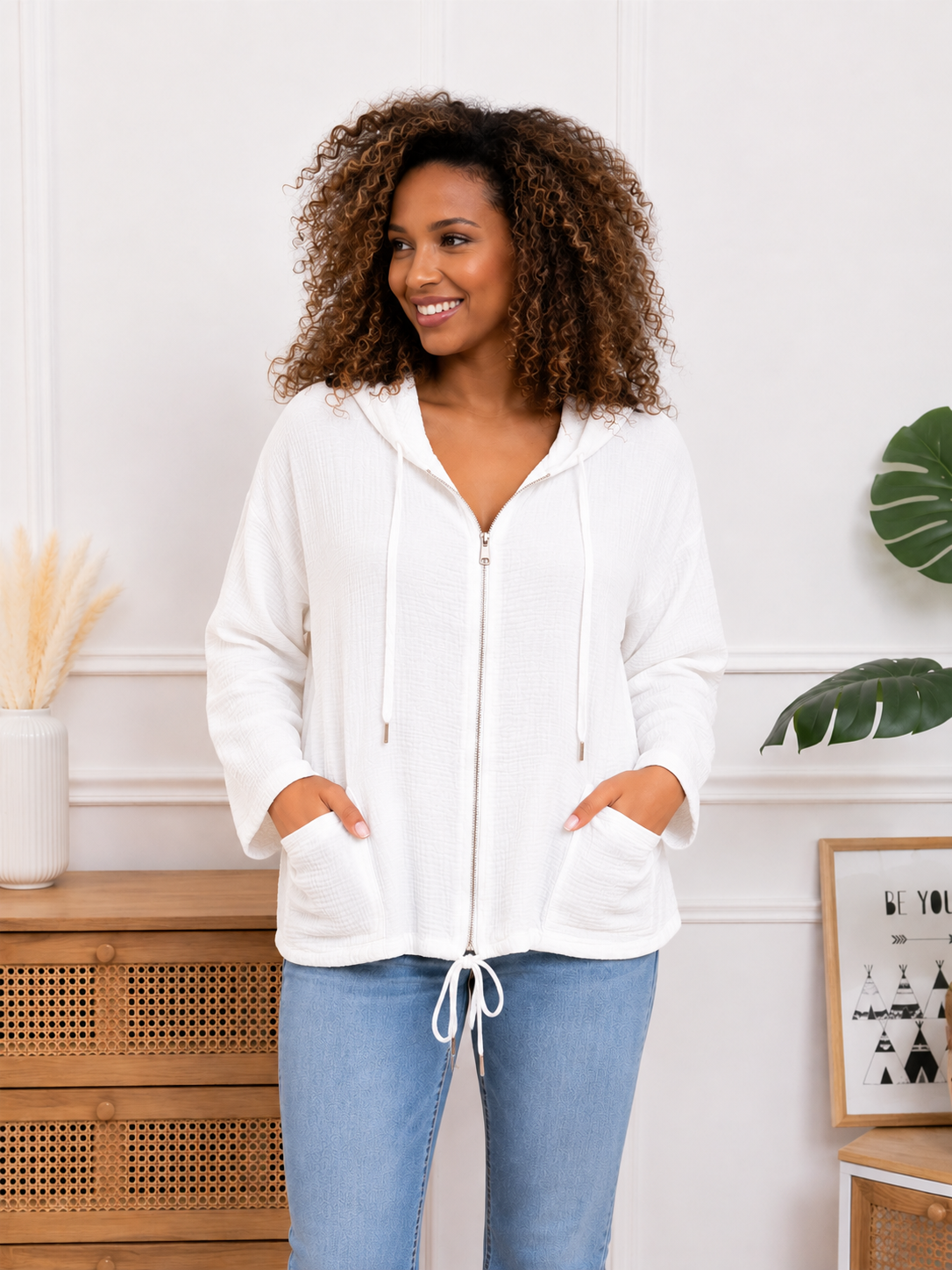 Veste en gaze de coton à capuche