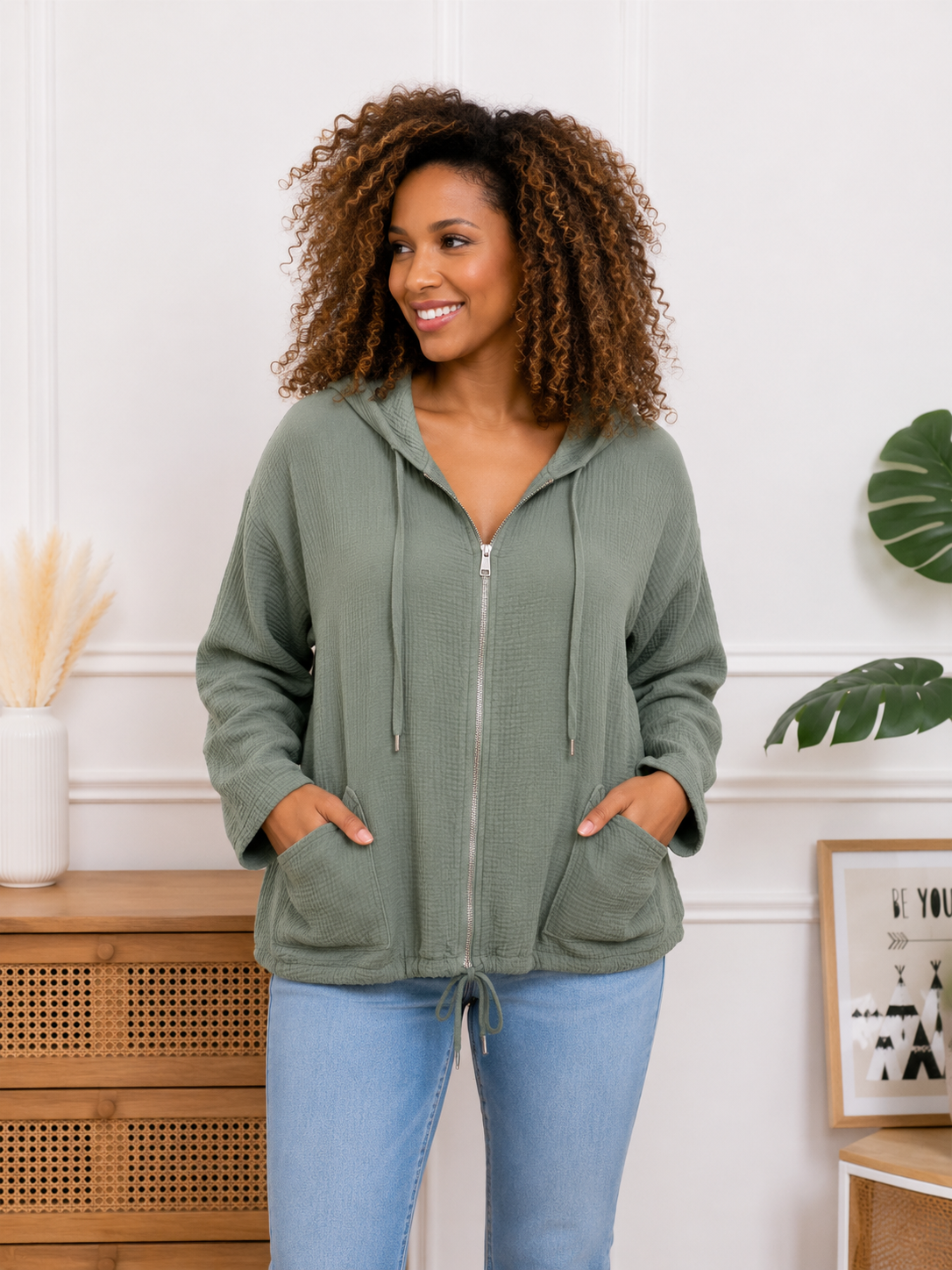 Veste en gaze de coton à capuche