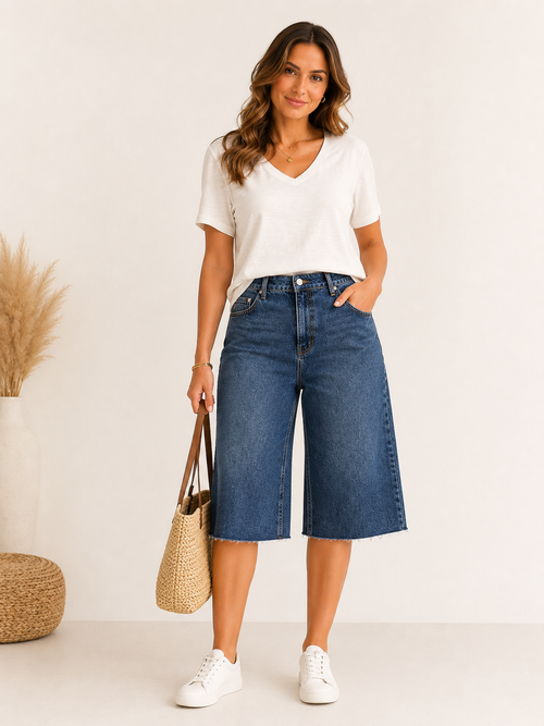 Bermuda en jean bleu femme porté avec un t-shirt blanc, vue de face.