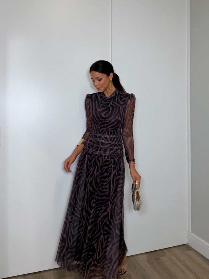 Robe longue femme imprimé zèbre bordeaux & noir – manches longues