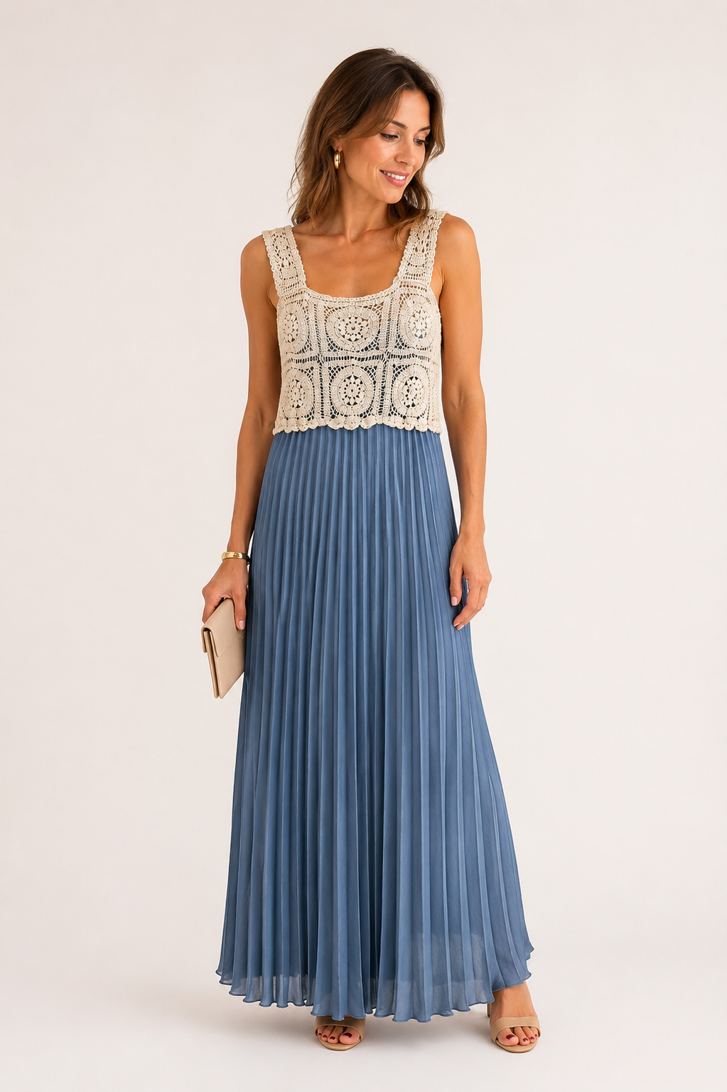 Robe longue plissée avec haut crochet – Cérémonie & Élégance