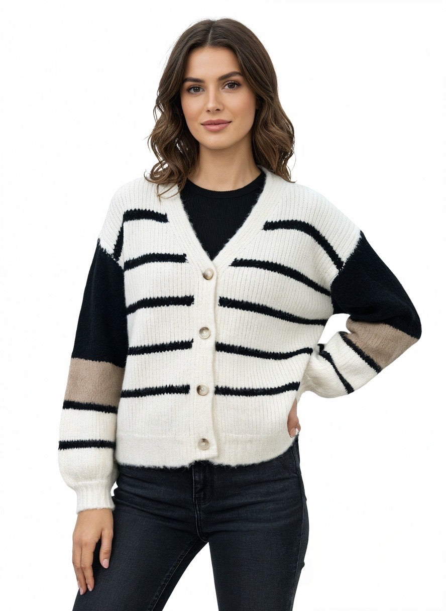 Gilet Maille Écru à Rayures Noir & Camel