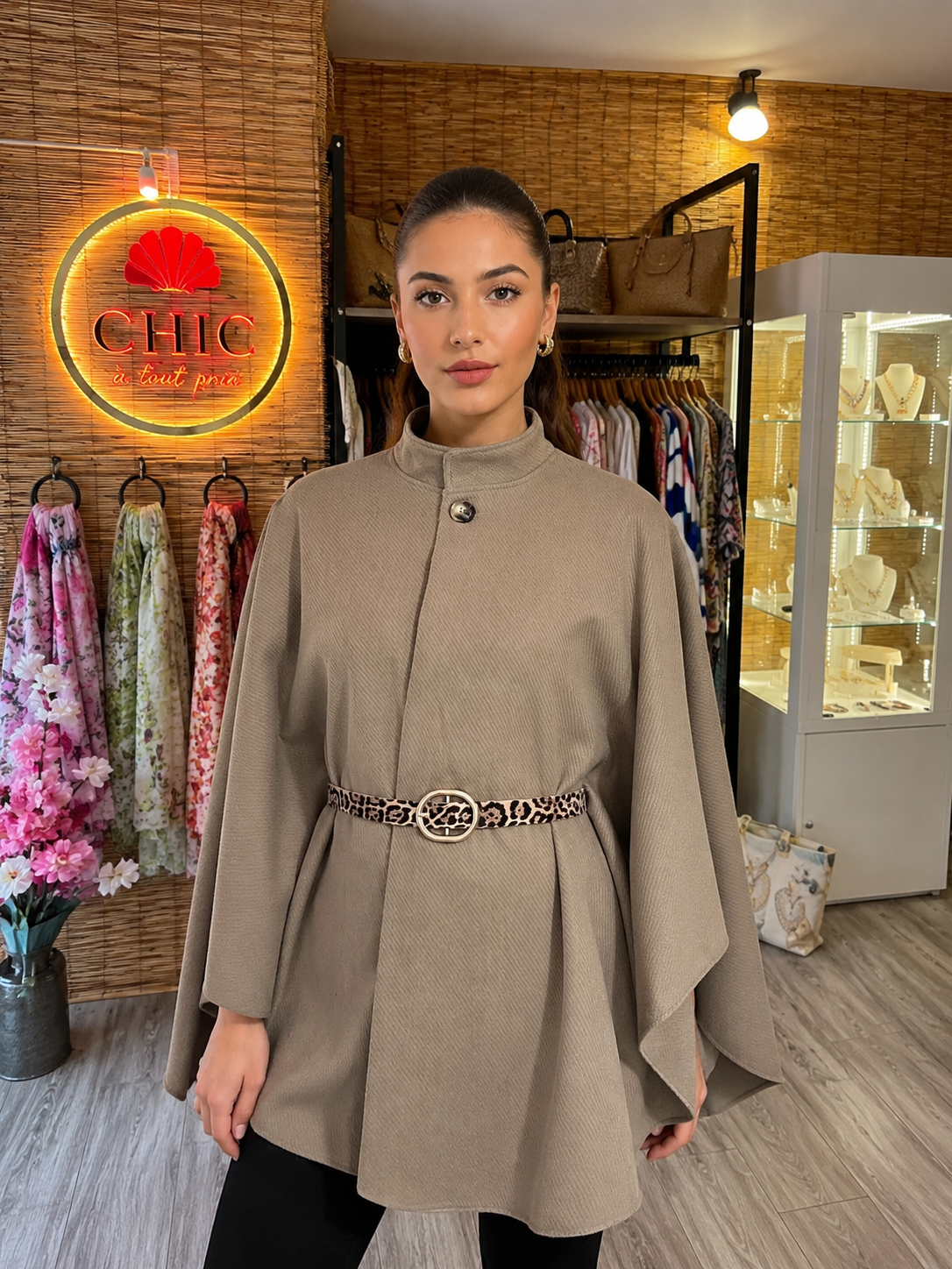 Cape femme taupe avec ceinture portée par un mannequin dans la boutique CHIC à tout prix