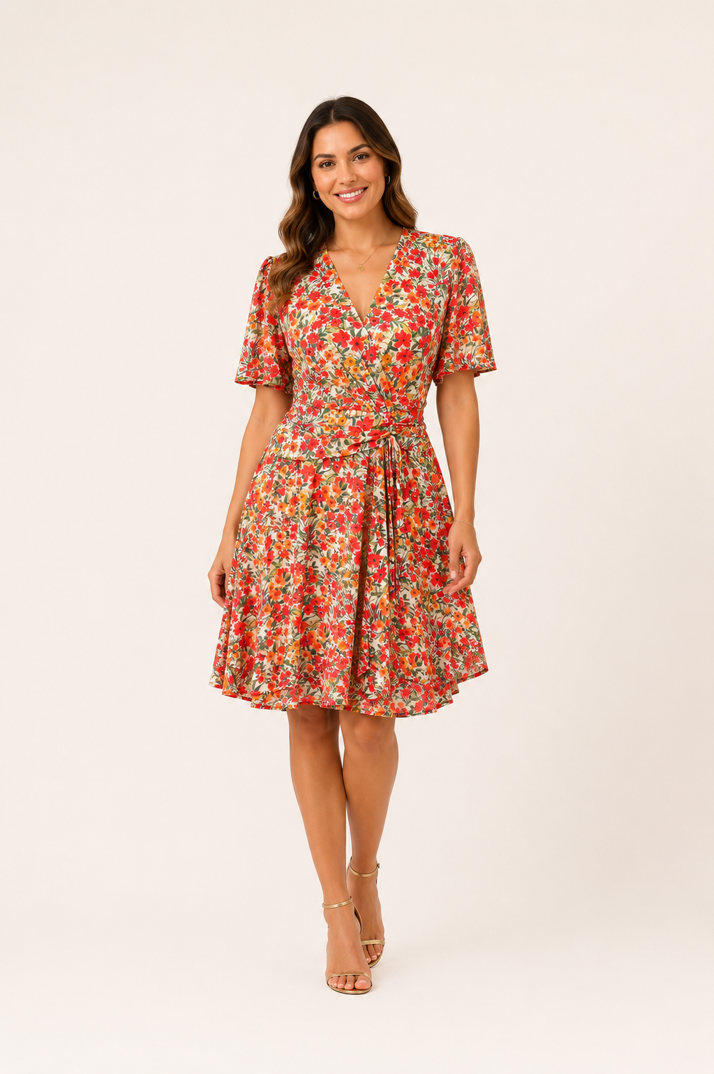 Robe fleurie rouge orangé à effet cache-cœur portée par un mannequin femme sur fond clair