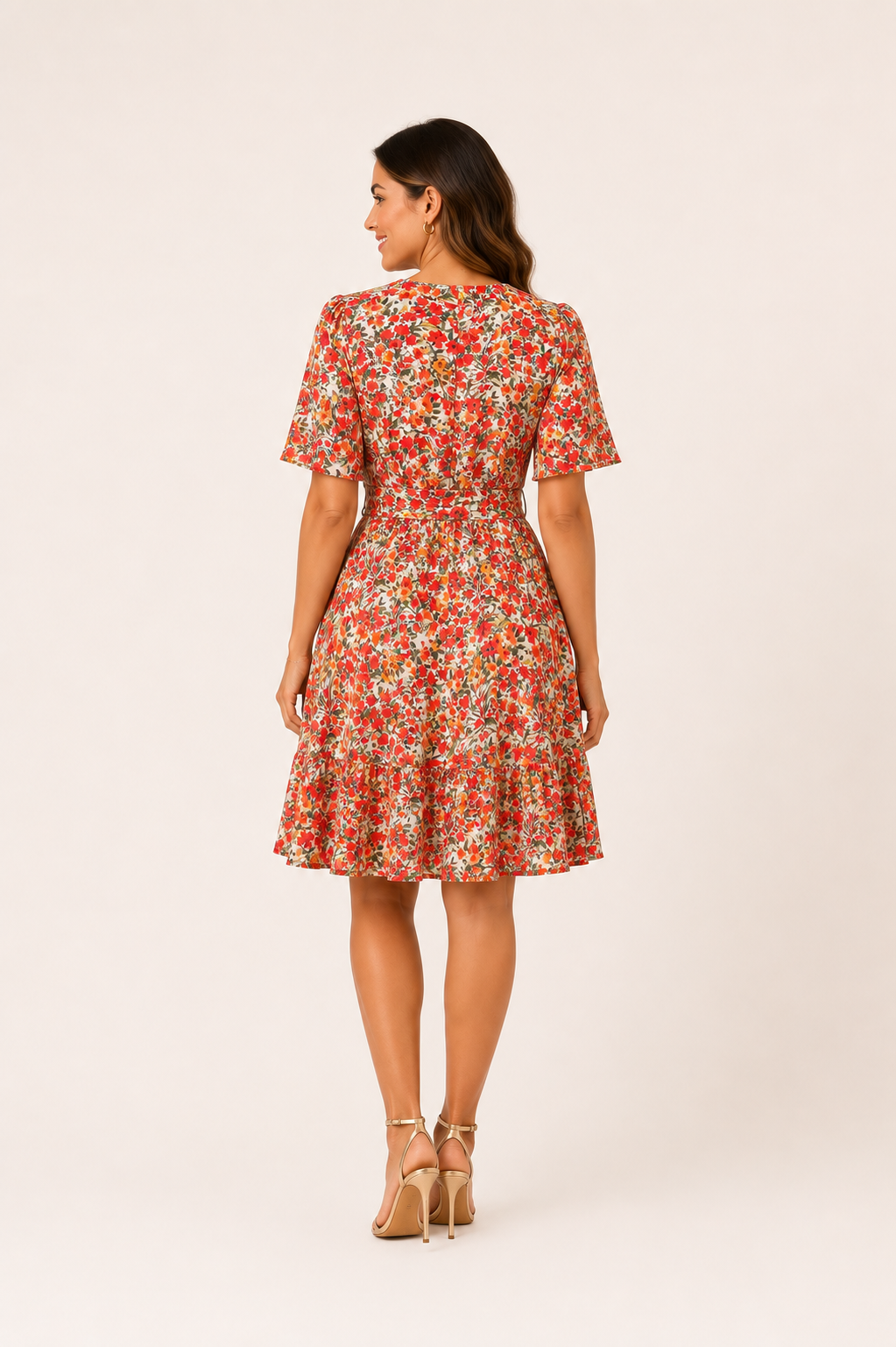 Robe fleurie rouge orangé à effet cache-cœur – Robe fluide femme