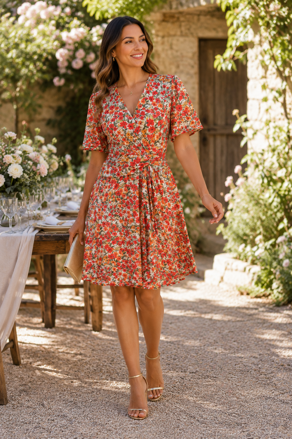 Robe fleurie rouge orangé à effet cache-cœur – Robe fluide femme
