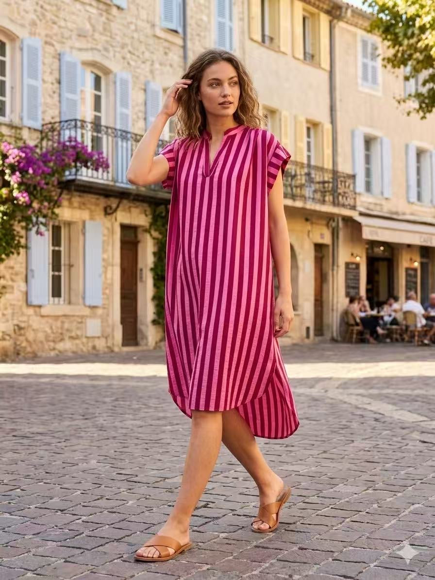 Robe Longue Rayée Bleu Ciel et Jaune Femme