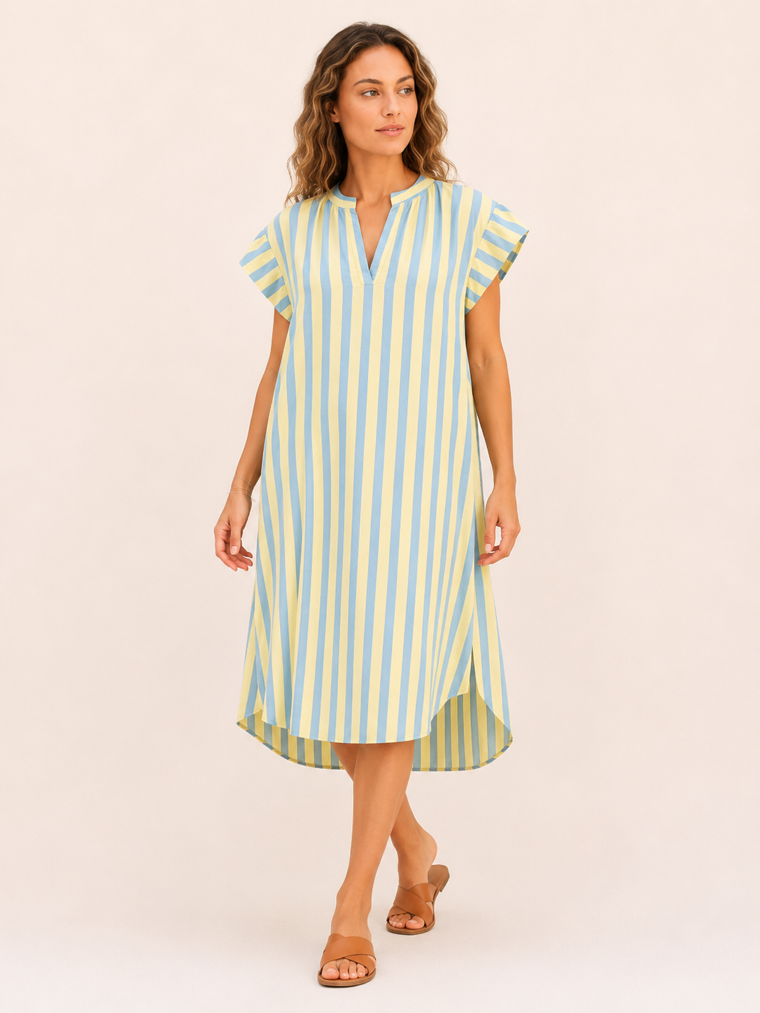 Robe Longue Rayée Bleu Ciel et Jaune Femme