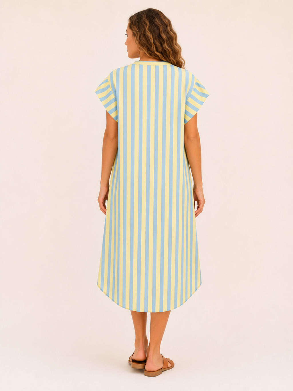 Robe Longue Rayée Bleu Ciel et Jaune Femme