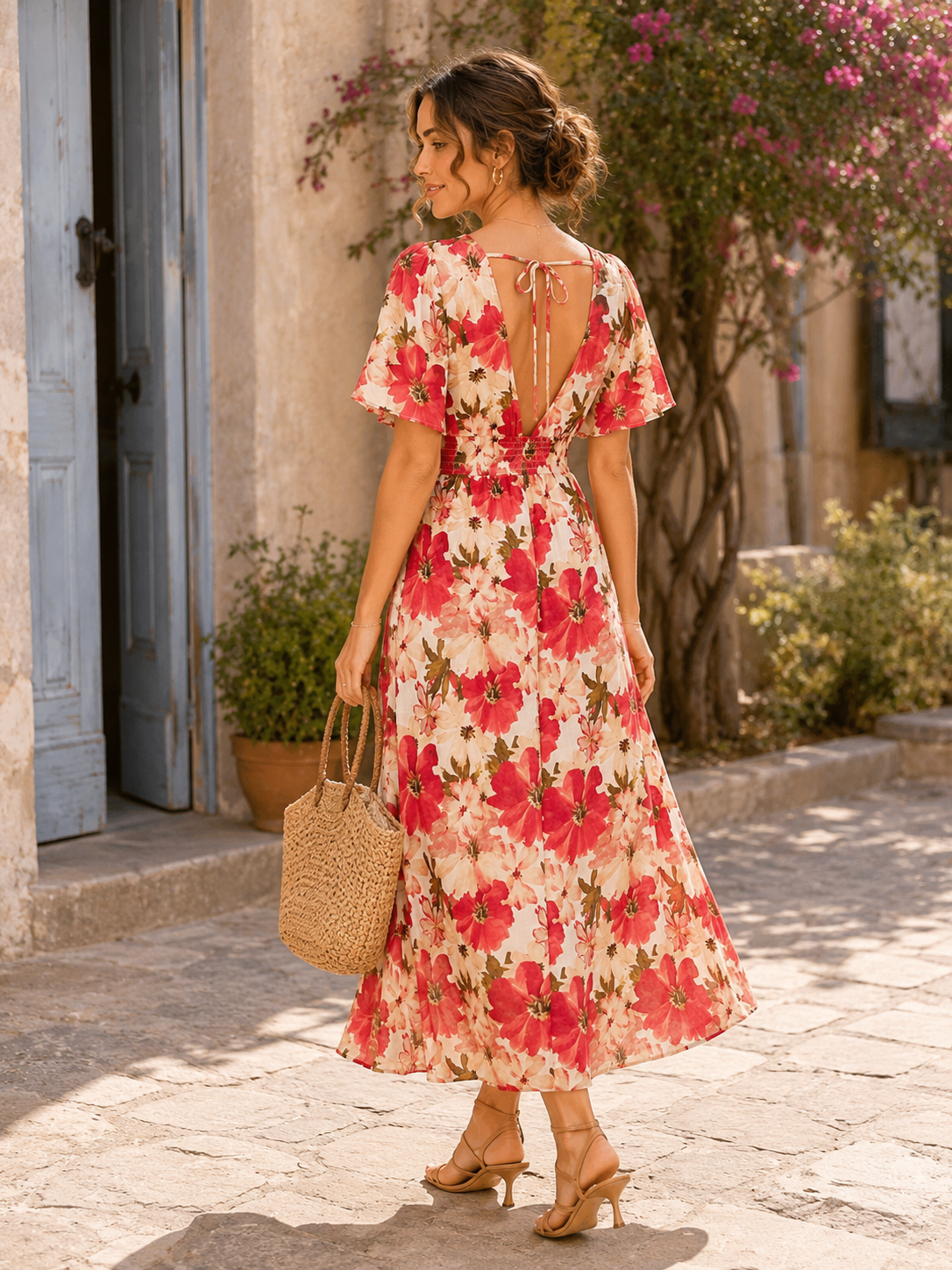 Femme portant une robe longue fleurie rose dos ouvert dans un décor estival élégant