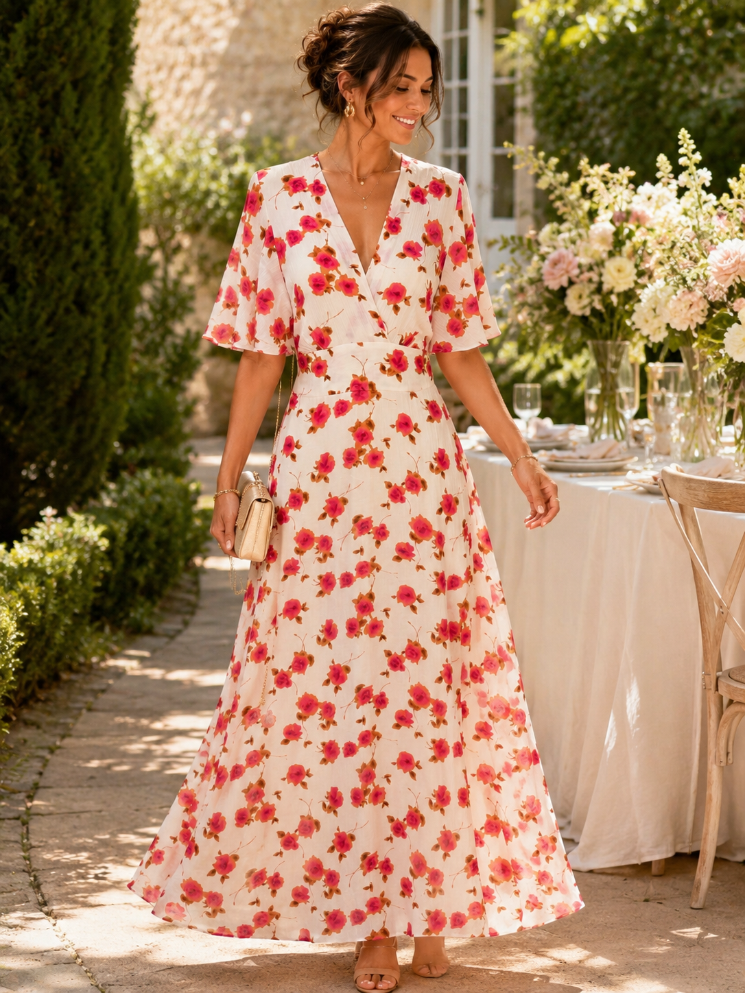 Robe Longue Fleurie Rose Fuchsia