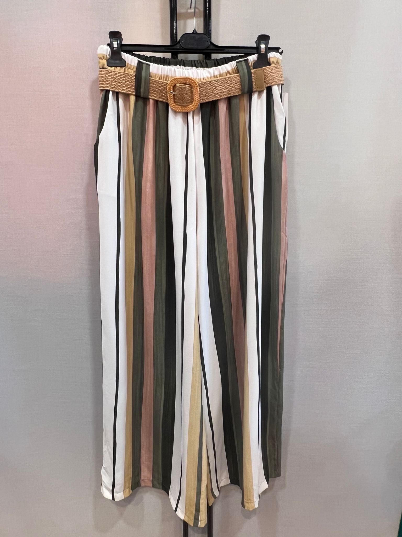 Pantalon Large Grande Taille Rayé Avec Ceinture – Taille Unique 42/48