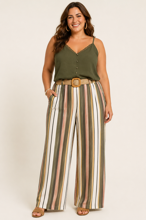 Pantalon large grande taille rayé kaki rose beige avec ceinture, taille unique du 42 au 48.