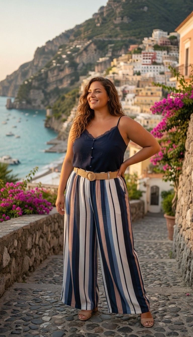 Pantalon Large Grande Taille Rayé Avec Ceinture – Taille Unique 42/48