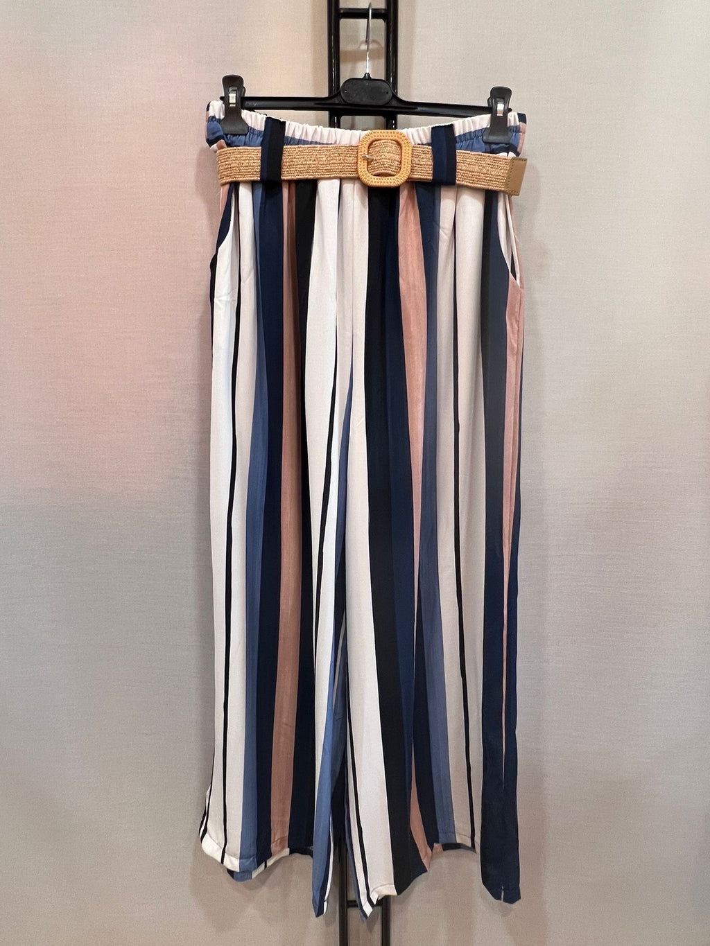 Pantalon Large Grande Taille Rayé Avec Ceinture – Taille Unique 42/48