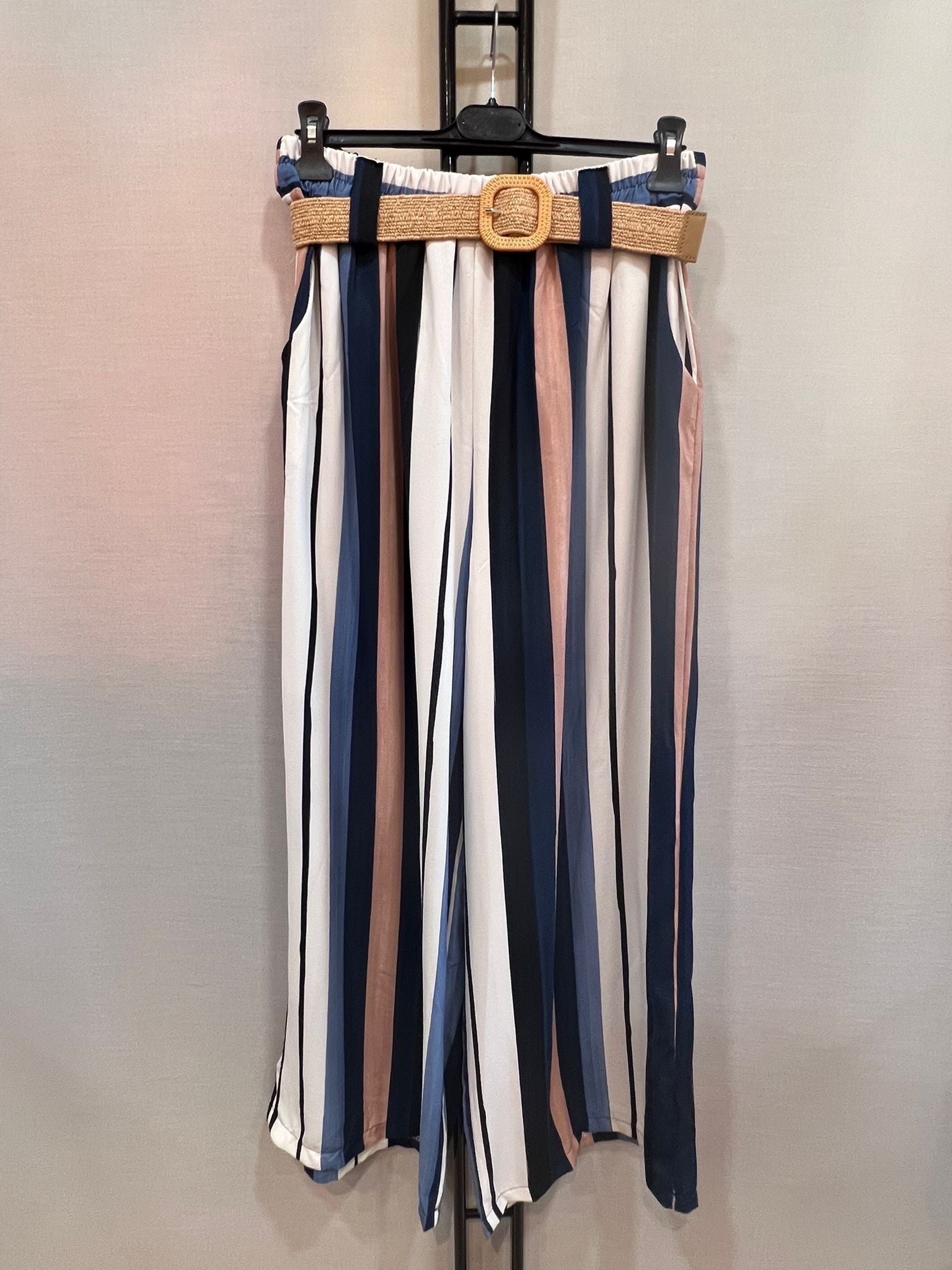 Pantalon Large Grande Taille Rayé Avec Ceinture – Taille Unique 42/48