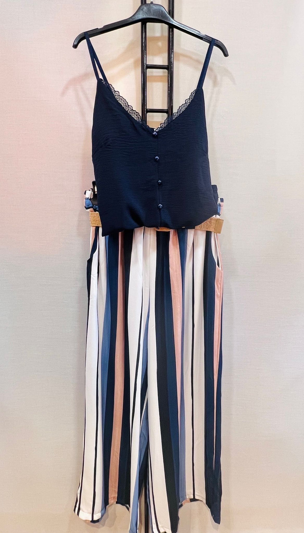 Pantalon Large Grande Taille Rayé Avec Ceinture – Taille Unique 42/48