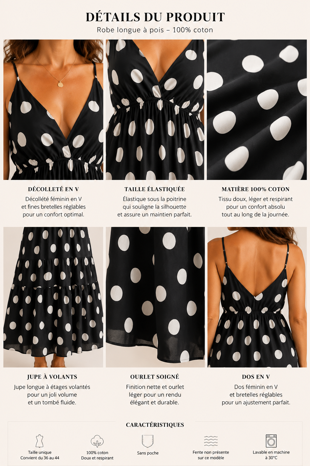 Robe longue à pois – Décolleté V & poitrine rembourrée