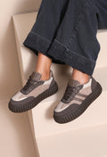 Baskets femme marron et beige en daim synthétique, semelle épaisse de 4,5 cm