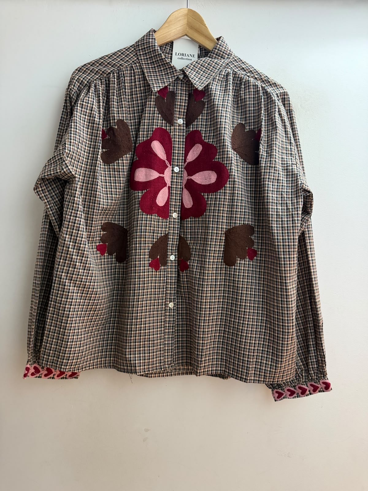 Chemise femme à carreaux marron et beige – vue de face