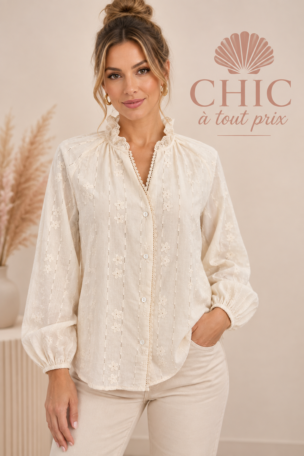 Chemise femme écrue brodée à col volanté et manches longues
