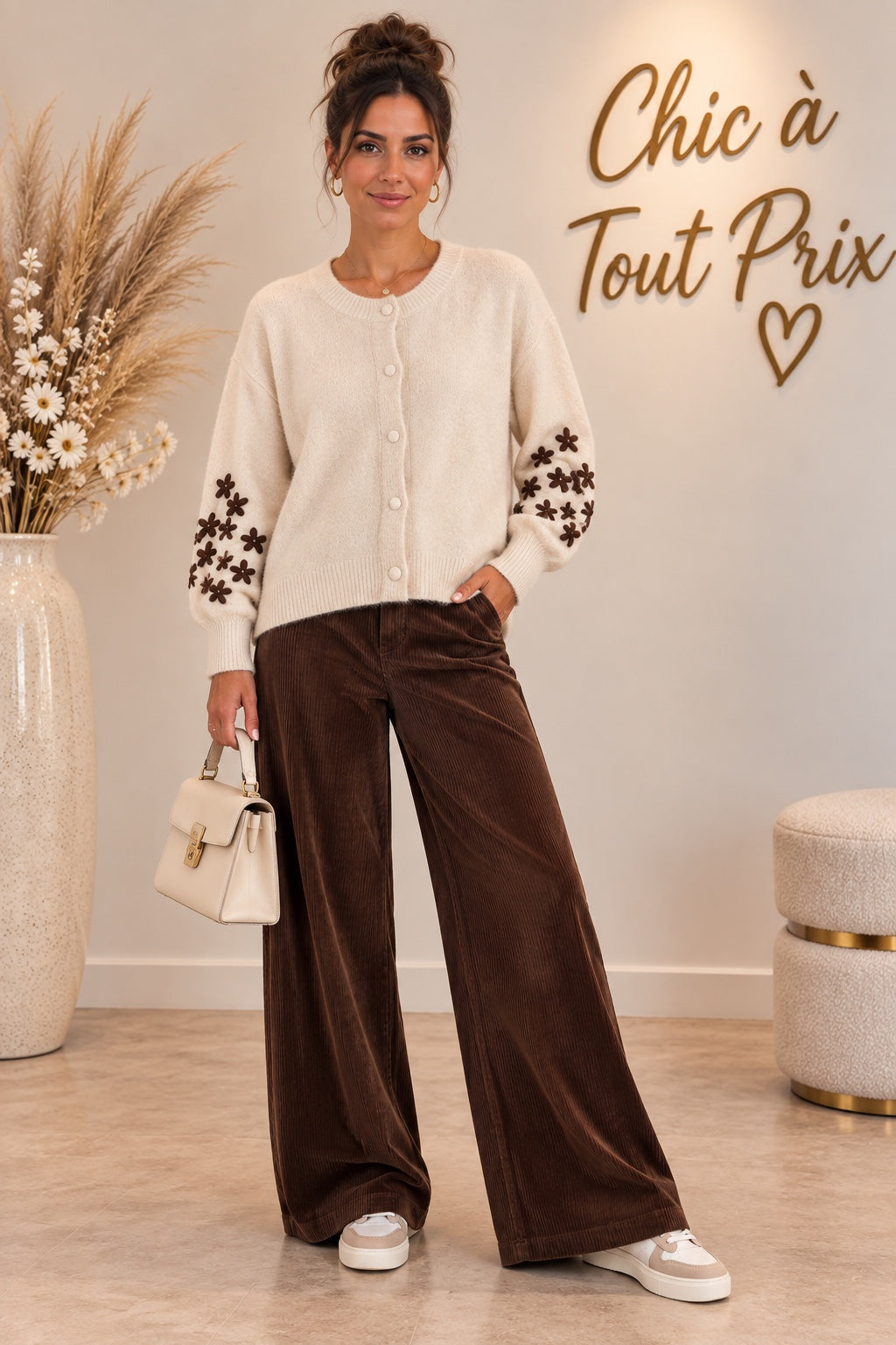 Gilet femme écru à fleurs marron – vue portée en pied