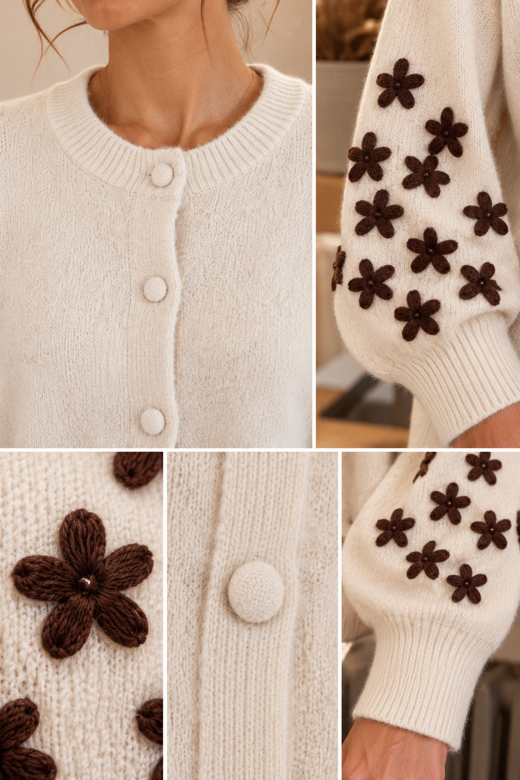 Gilet femme écru à fleurs marron – détails des finitions
