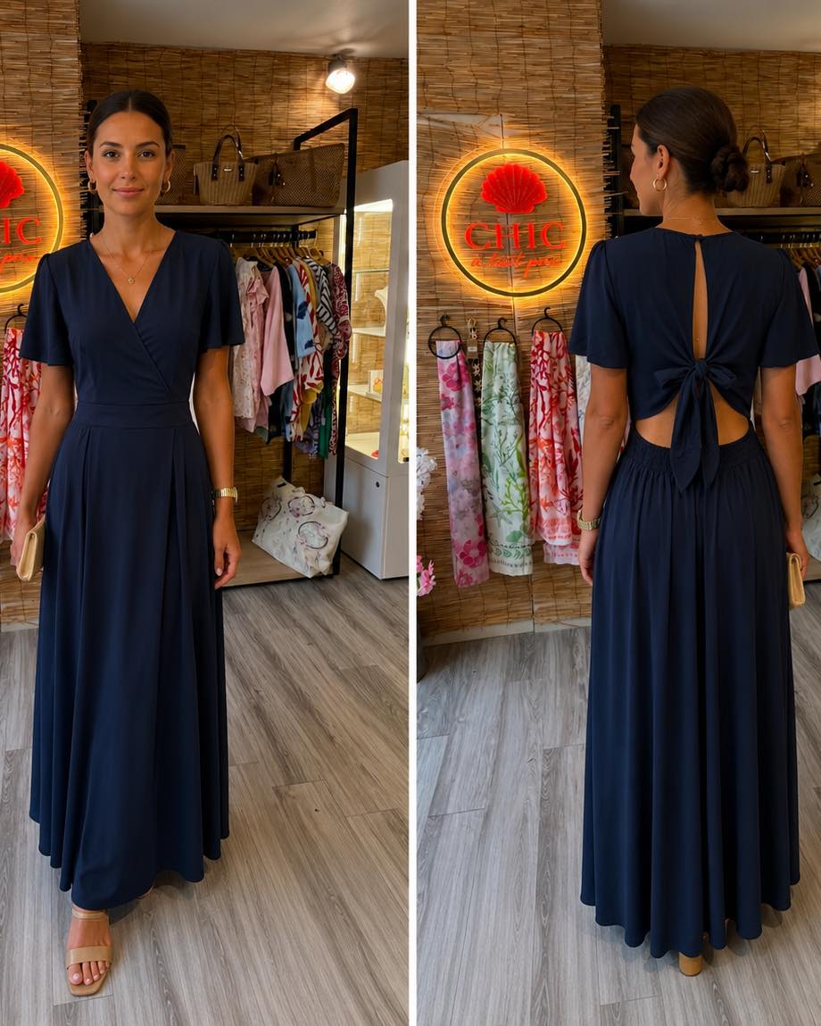 Robe longue fluide à décolleté cache-cœur et dos ouvert avec nœud, disponible en deux coloris, portée par un mannequin.