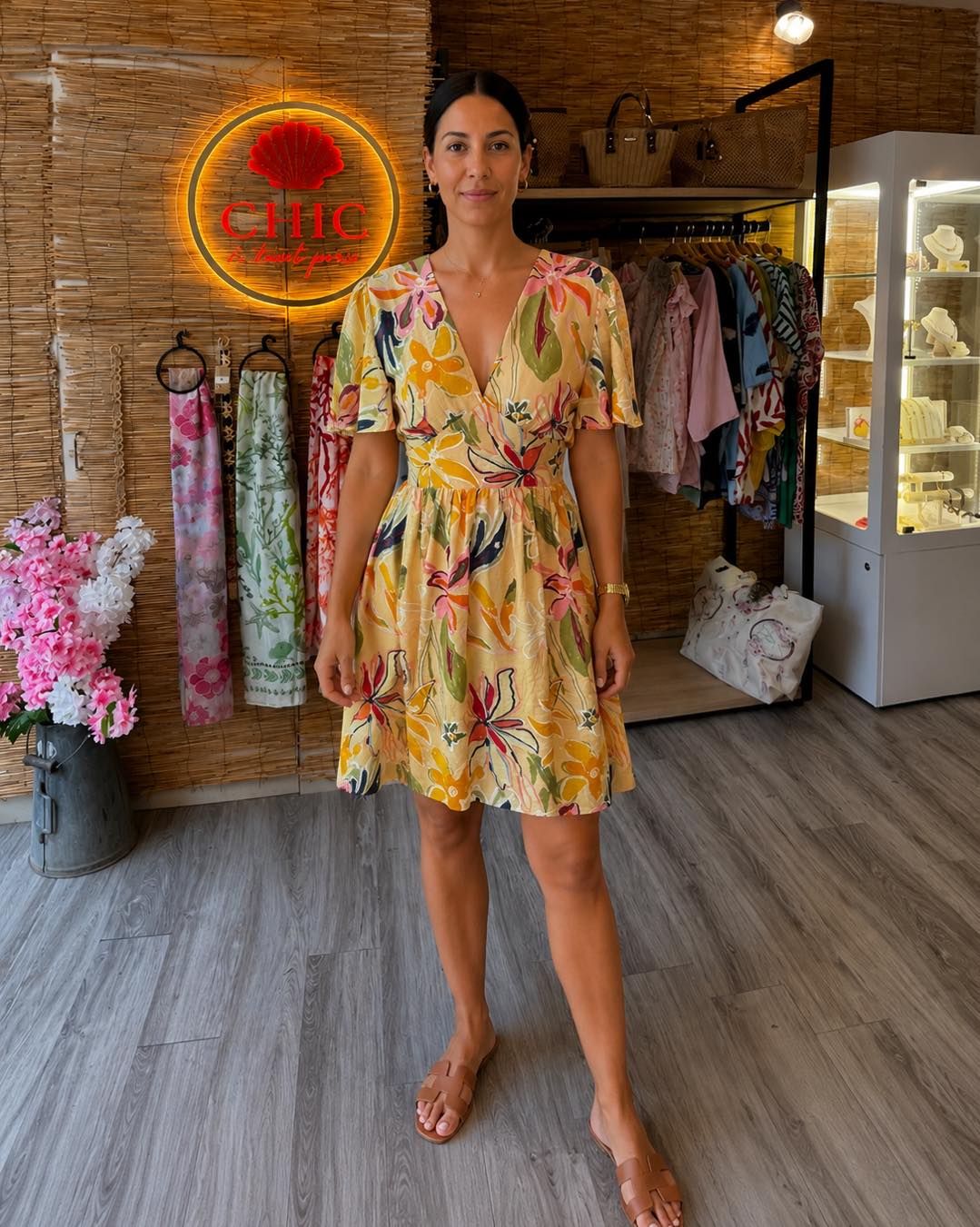Robe courte fleurie en viscose – Beige multicolore