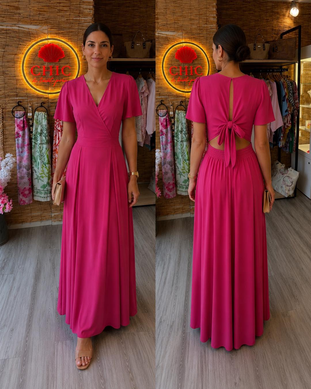 Robe longue fluide à décolleté cache-cœur et dos ouvert avec nœud, disponible en deux coloris, portée par un mannequin.