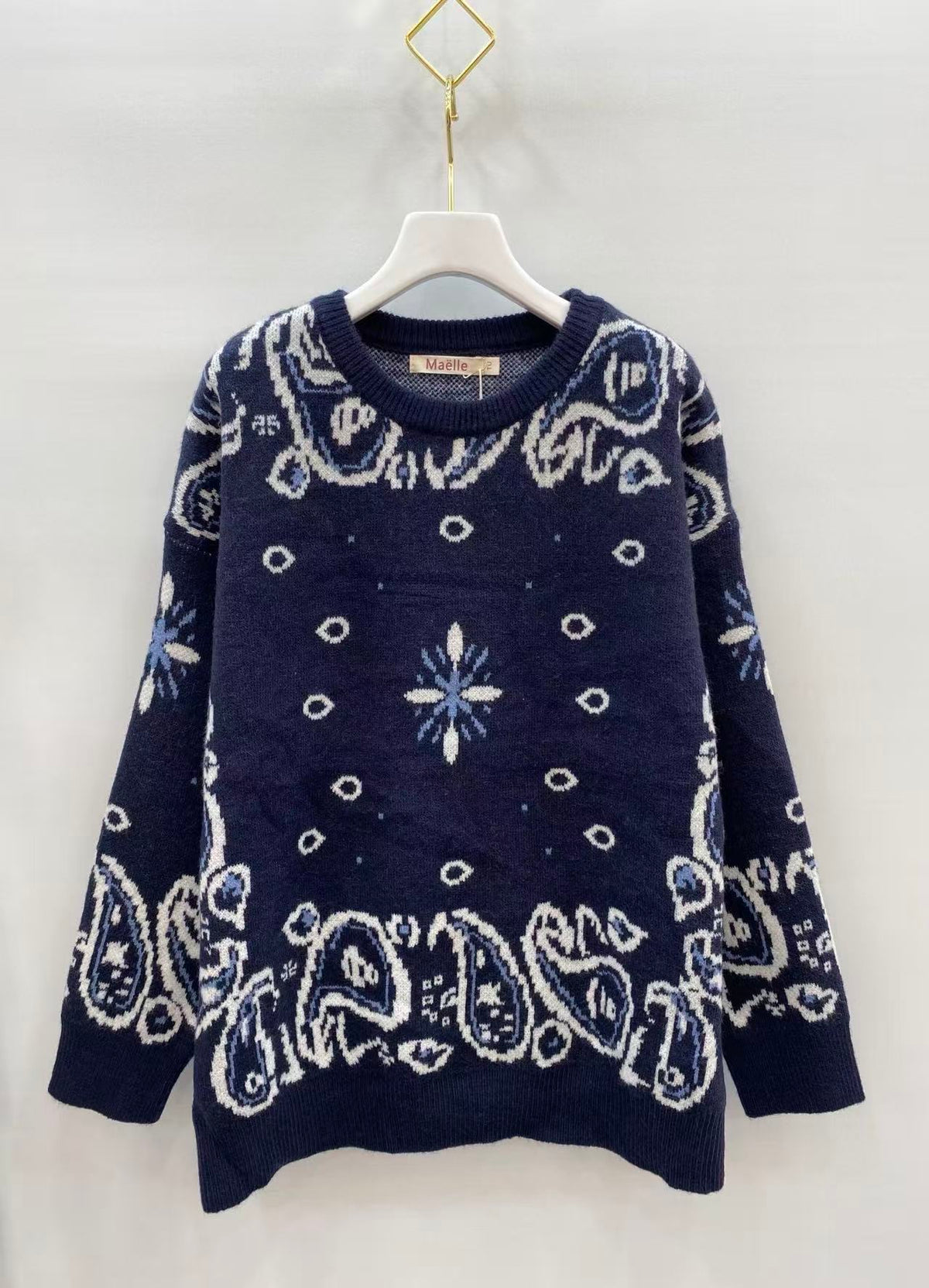 Pull à motifs bleu marine – taille unique 36-42